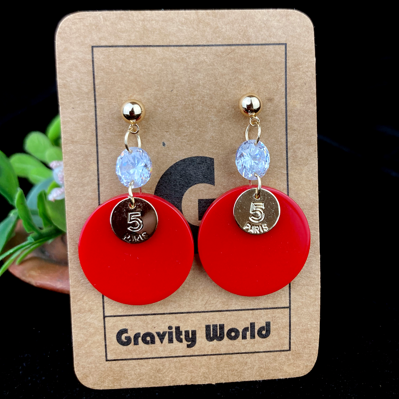 ER22-81 4.2cm Red Color Round Shape White Stone Drop Earrings - Image 1