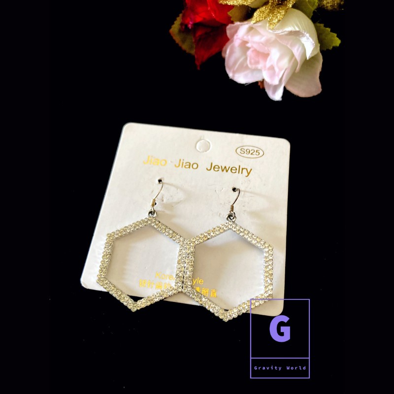 gravity world er-22-143 White Stone Hexagon Wire Hook Earrings - Image 1