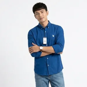 Blue Solid Smart Casual Shirt with model