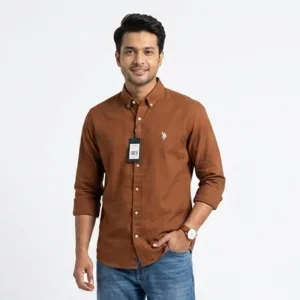 Brown Solid Smart Casual Shirt with model