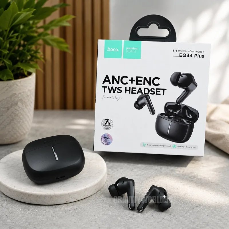 Hoco EQ34 Plus ANC ENC TWS Earbuds price in Bangladesh - Bluetooth 5.4 Wireless Earbuds Black - Gravity World Real Picture